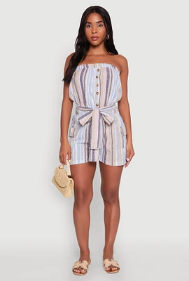 Womens Striped Tie Waist Belted Cargo Pocket Romper, Multi,