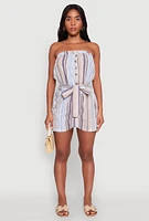 Womens Striped Tie Waist Belted Cargo Pocket Romper, Multi, Size XL