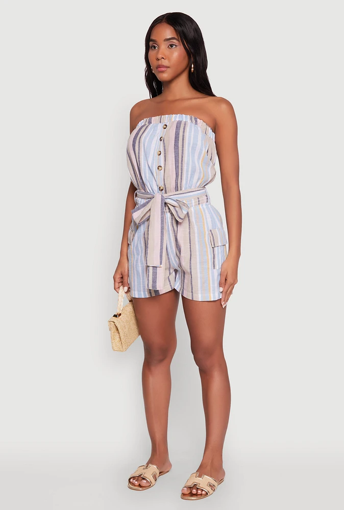 Womens Striped Tie Waist Belted Cargo Pocket Romper, Multi, Size XL