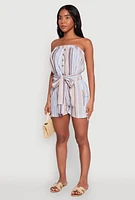 Womens Striped Tie Waist Belted Cargo Pocket Romper, Multi, Size XL