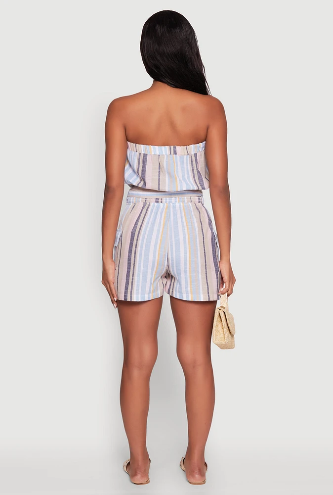 Womens Striped Tie Waist Belted Cargo Pocket Romper, Multi, Size XL
