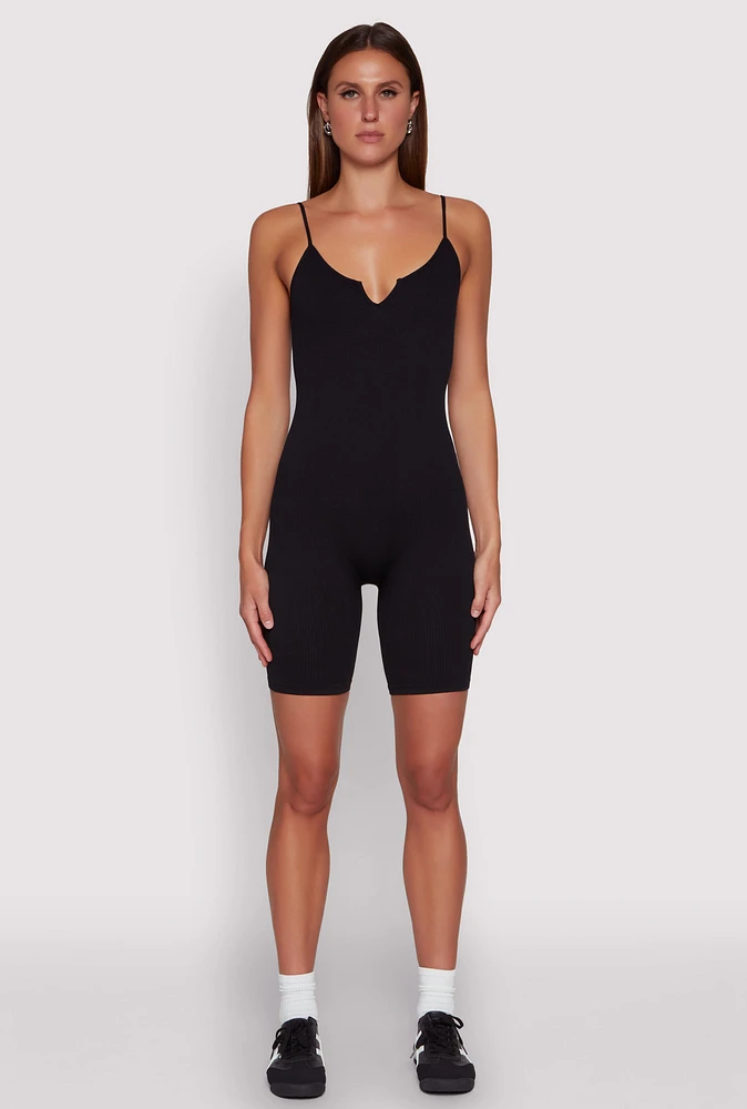 Womens Seamless Rib Knit Notch Neck Biker Romper, S-M