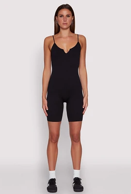 Womens Seamless Rib Knit Notch Neck Biker Romper, S-M