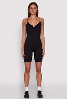 Womens Seamless Rib Knit Notch Neck Biker Romper, S-M