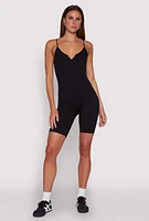 Womens Seamless Rib Knit Notch Neck Biker Romper, S-M