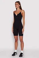 Womens Seamless Rib Knit Notch Neck Biker Romper, S-M