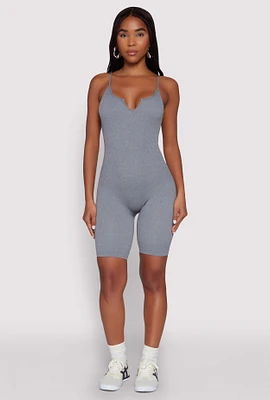 Womens Seamless Rib Knit Notch Neck Biker Romper, Grey, Size S-M