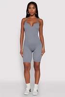 Womens Seamless Rib Knit Notch Neck Biker Romper, Grey, Size S-M