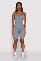 Womens Seamless Rib Knit Notch Neck Biker Romper, Grey, Size S-M