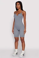 Womens Seamless Rib Knit Notch Neck Biker Romper, Grey, Size S-M