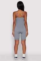 Womens Seamless Rib Knit Notch Neck Biker Romper, Grey, Size S-M