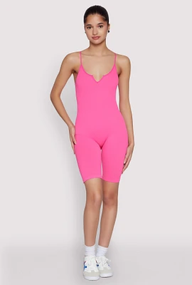 Womens Seamless Rib Knit Notch Neck Biker Romper,