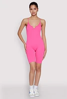 Womens Seamless Rib Knit Notch Neck Biker Romper,