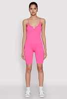 Womens Seamless Rib Knit Notch Neck Biker Romper,