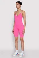 Womens Seamless Rib Knit Notch Neck Biker Romper,