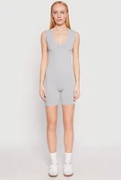 Womens Ribbed Knit Sleeveless V Neck Romper, Grey, Size L-XL