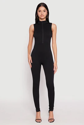 Womens Ribbed Knit Sleeveless Half Zip Catsuit, Black, Size L-XL