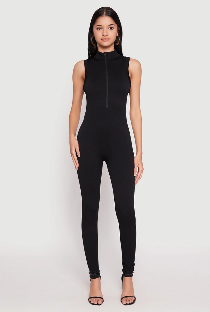 Womens Ribbed Knit Sleeveless Half Zip Catsuit, S-M