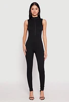 Womens Ribbed Knit Sleeveless Half Zip Catsuit, S-M