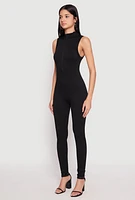 Womens Ribbed Knit Sleeveless Half Zip Catsuit, Black, Size L-XL