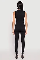 Womens Ribbed Knit Sleeveless Half Zip Catsuit, Black, Size L-XL