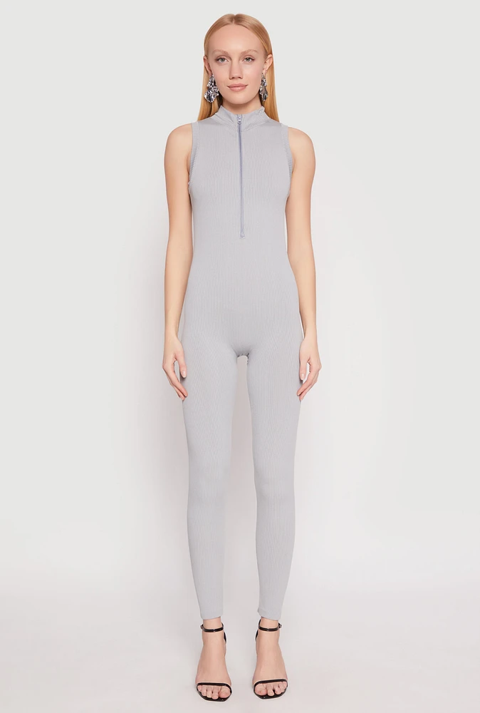 Womens Ribbed Knit Sleeveless Half Zip Catsuit, Grey, Size L-XL
