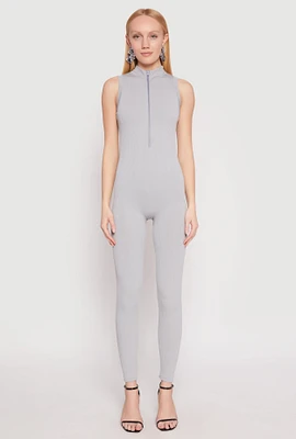 Womens Ribbed Knit Sleeveless Half Zip Catsuit, Grey, Size L-XL