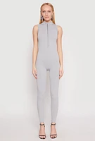 Womens Ribbed Knit Sleeveless Half Zip Catsuit, Grey, Size L-XL