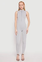 Womens Ribbed Knit Sleeveless Half Zip Catsuit, Grey, Size L-XL