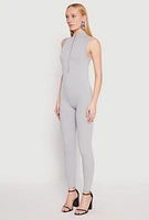 Womens Ribbed Knit Sleeveless Half Zip Catsuit, Grey, Size L-XL
