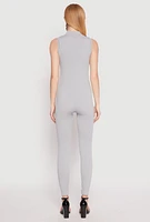 Womens Ribbed Knit Sleeveless Half Zip Catsuit, Grey, Size L-XL
