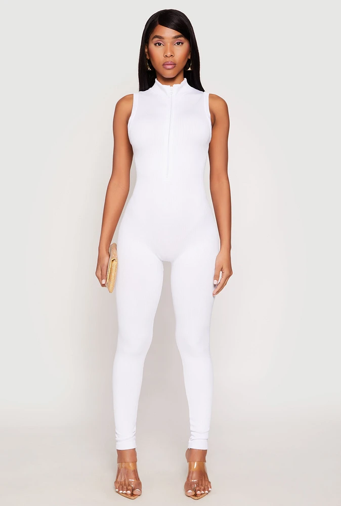 Womens Ribbed Knit Sleeveless Half Zip Catsuit, White, Size L-XL