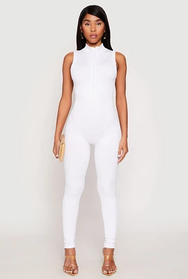 Womens Ribbed Knit Sleeveless Half Zip Catsuit, White, Size L-XL