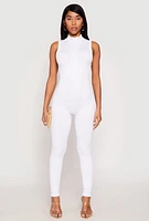 Womens Ribbed Knit Sleeveless Half Zip Catsuit, White, Size L-XL