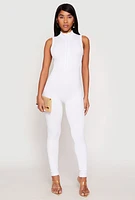Womens Ribbed Knit Sleeveless Half Zip Catsuit, White, Size L-XL