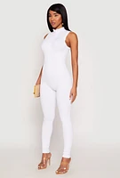 Womens Ribbed Knit Sleeveless Half Zip Catsuit, White, Size S-M