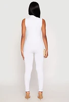 Womens Ribbed Knit Sleeveless Half Zip Catsuit, White, Size S-M