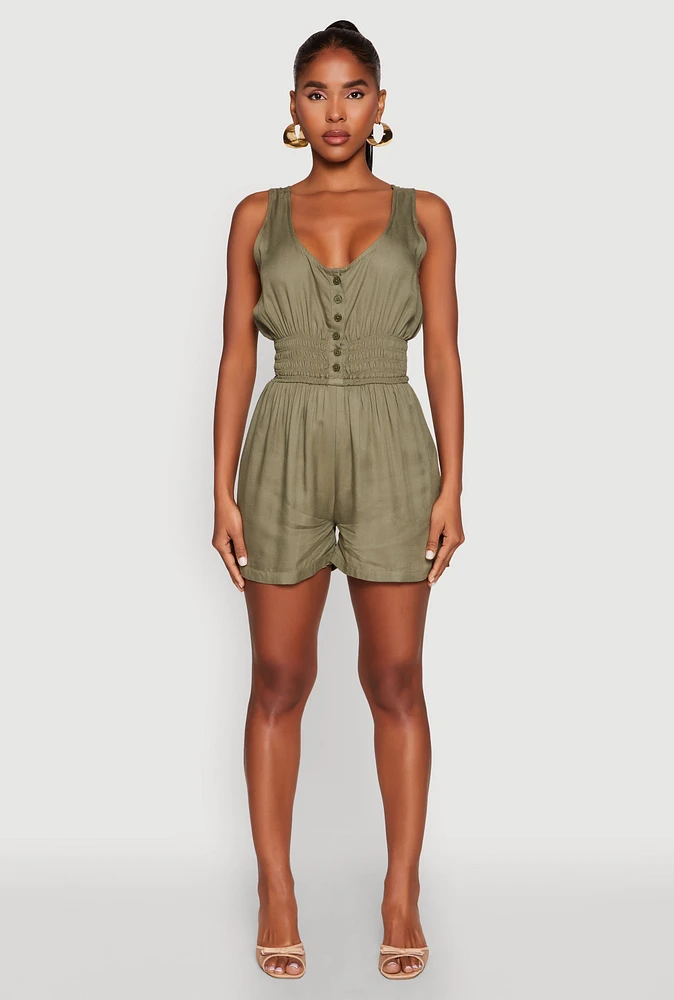 Womens Smocked Waist Tank Romper, Green, Size L