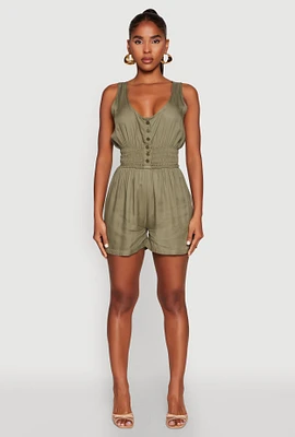 Womens Smocked Waist Tank Romper, Green, Size L