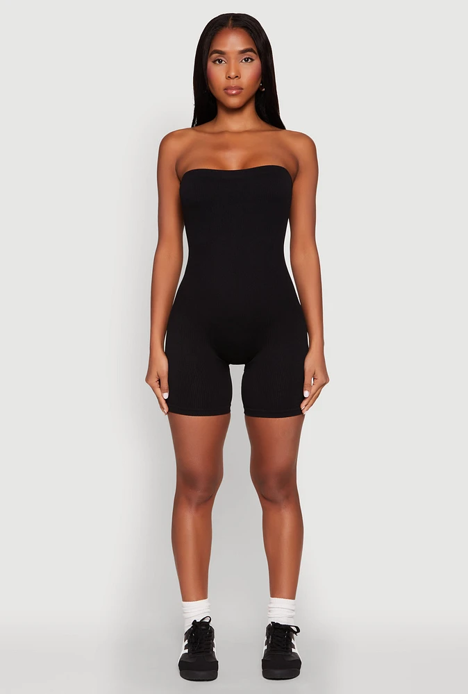 Womens Strapless Biker Romper, Black,