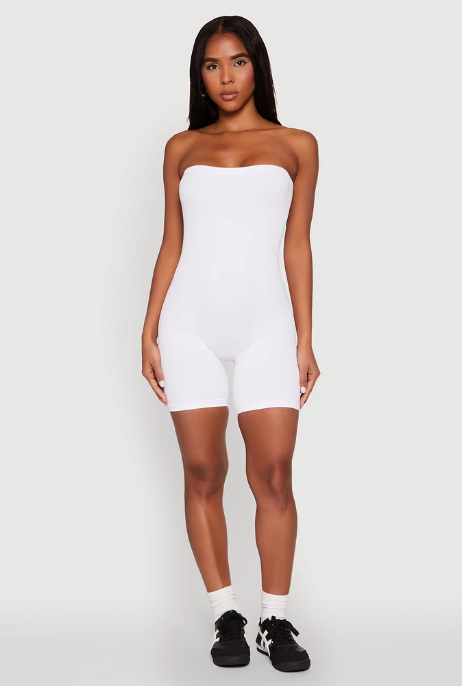 Womens Strapless Biker Romper, White, Size L-XL