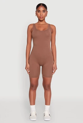 Womens Scoop Neck Tank Biker Romper, Brown, Size S