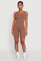 Womens Scoop Neck Tank Biker Romper, Brown, Size M