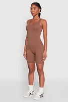 Womens Scoop Neck Tank Biker Romper, Brown, Size M