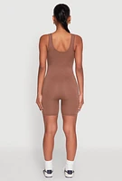 Womens Scoop Neck Tank Biker Romper, Brown, Size M