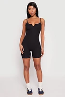 Womens Ribbed Knit Notch Neck Cami Romper,