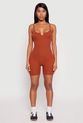 Womens Ribbed Knit Notch Neck Cami Romper,