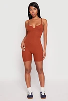 Womens Ribbed Knit Notch Neck Cami Romper,