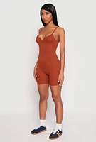 Womens Ribbed Knit Notch Neck Cami Romper,