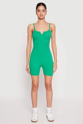 Womens Ribbed Knit Notch Neck Cami Romper, Green, Size XL
